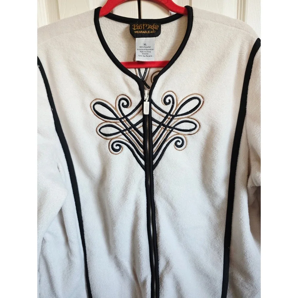 Bob Mackie XL Wearable Art Cream Fleece‎ Zip Up Jacket Embroidered Scrollwork